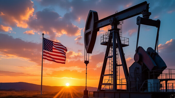 oil well being drilled with a sunset in Pennsylvania and an American flag created by Grok on X